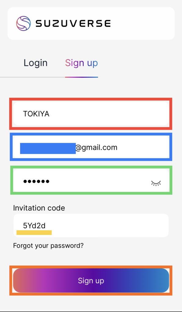 ユーザーネーム・メールアドレス・パスワードの入力画面