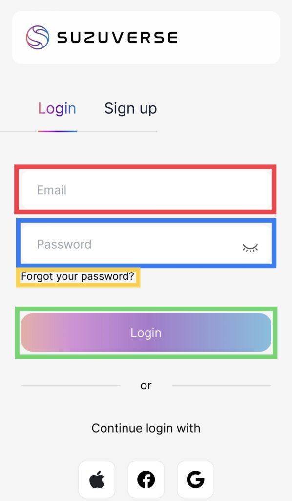 メールアドレスとパスワードの入力画面と入力場所説明