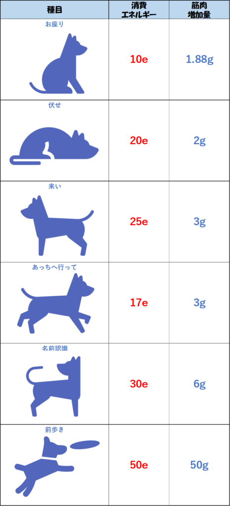 トレーニング項目一覧（消費エネルギーと筋肉増加量確認図）