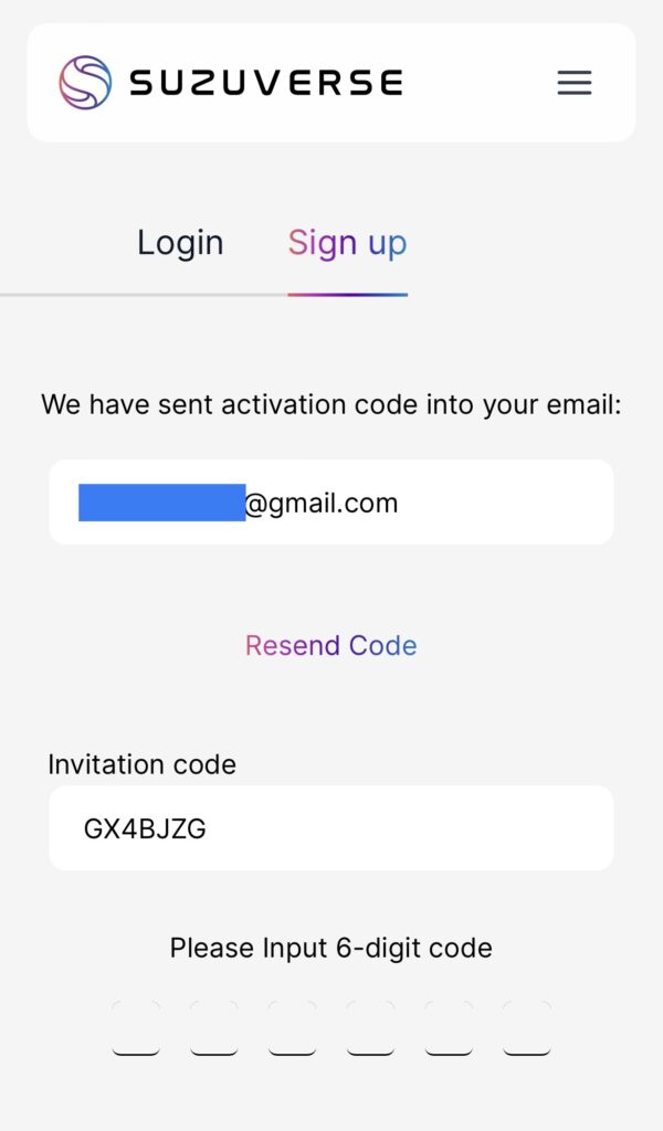 アドレスにコードが送られていることを確認する画面